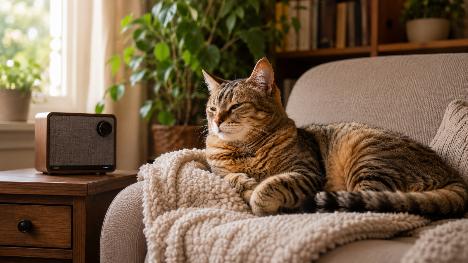 Cat resting on a couch beside a small speaker, ears angled toward the sound and eyes half-closed in a relaxed listening posture.