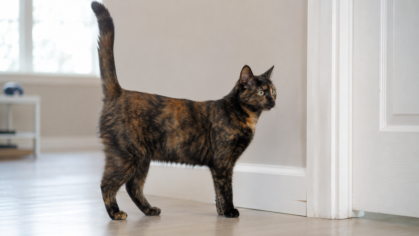 Tortoiseshell cat standing beside a white door frame with her tail held straight up, the typical posture before a female cat sprays.