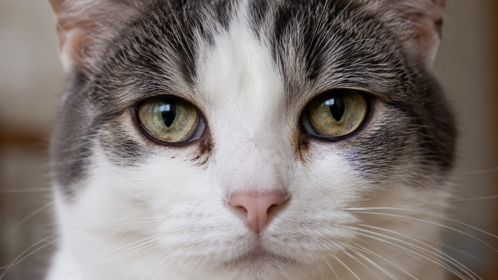Close-up of a gray and white cat's face with visible reddish-brown discharge in the inner corners of both eyes, showing the kind of eye watering that is usually caused by a medical issue rather than emotion.
