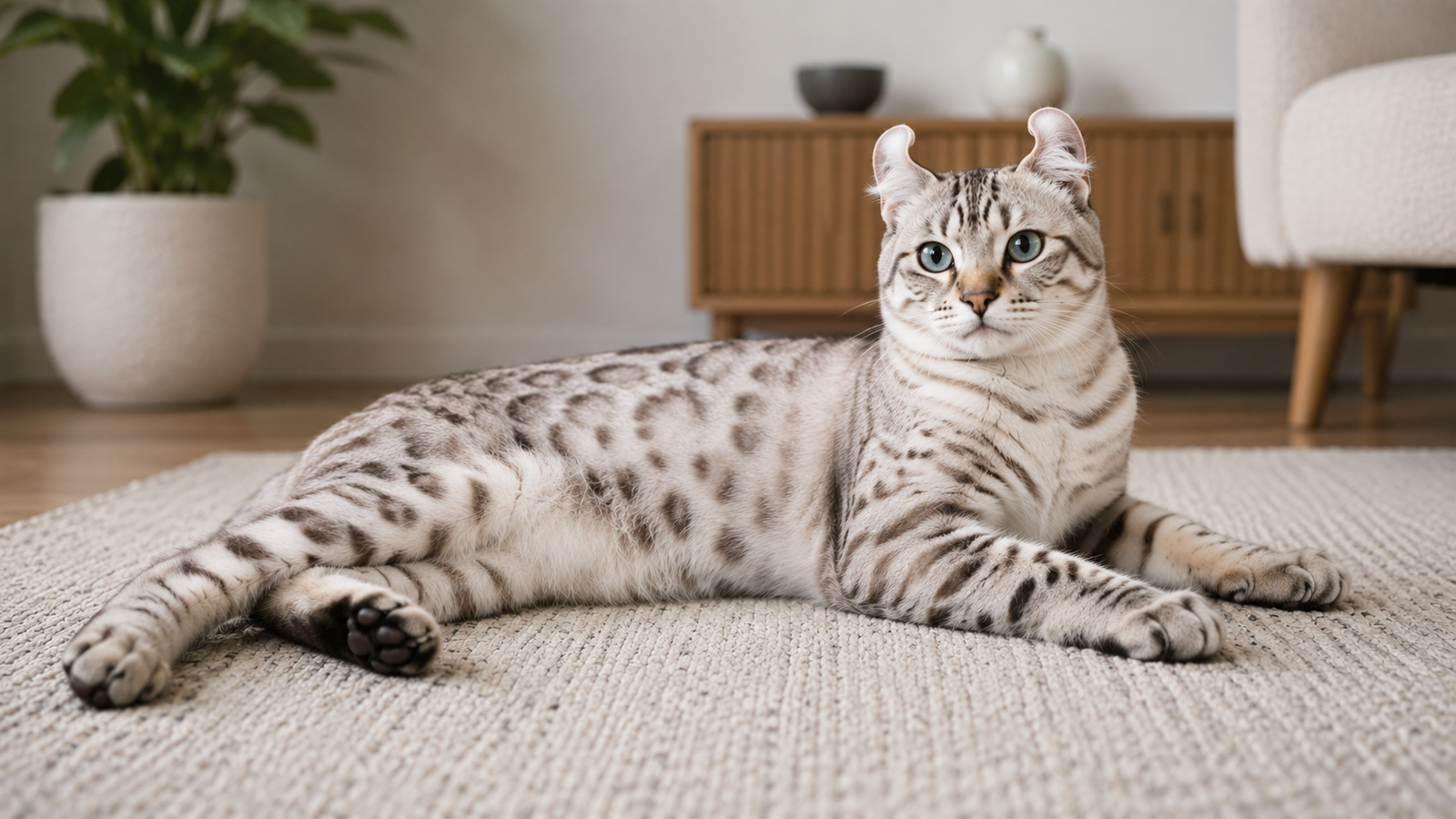 Silver spotted Highlander cat with forward-curling ears lying on a rug in a modern living room.