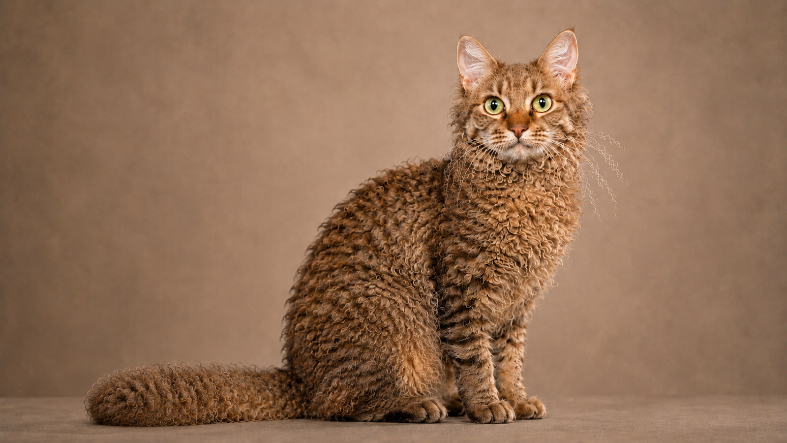 Brown tabby LaPerm cat with a curly coat and wavy whiskers sitting with its plumed tail resting alongside its body.