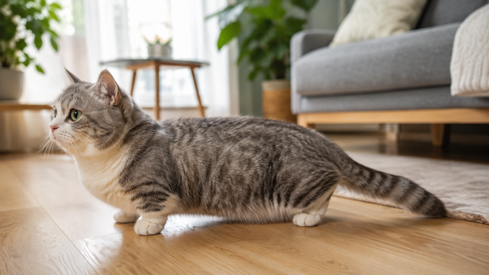 Short-legged Munchkin cat with a gray and white tabby coat