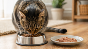 A tabby cat eating dry kibble from a stainless-steel bowl on a hardwood floor, with a ceramic dish of wet cat food nearby