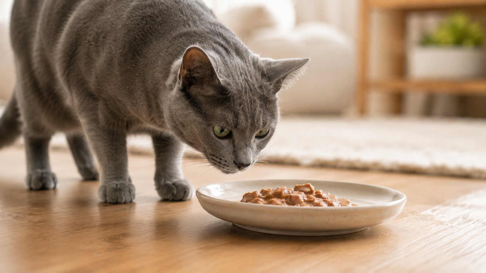 Gray cat sniffing a plate of wet food before eating