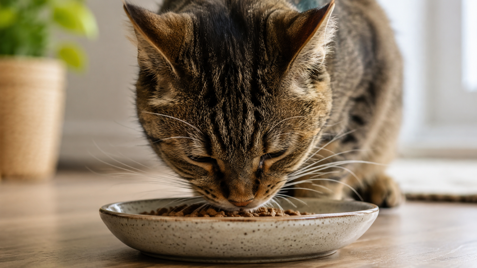 Tabby cat eating from a wide, shallow ceramic dish with whiskers extending well past the bowl's edge.
