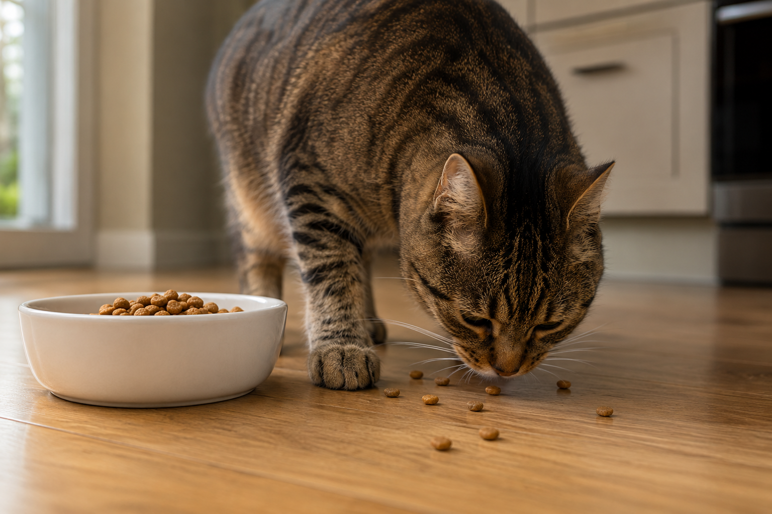 Brown tabby cat eating scattered kibble from a hardwood kitchen floor beside a mostly full white ceramic food bowl. A common sign of whisker fatigue in cats.