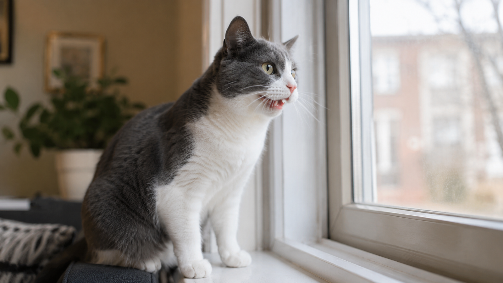 Gray and white cat sitting on a windowsill with its mouth slightly open as if chirping while looking outside.