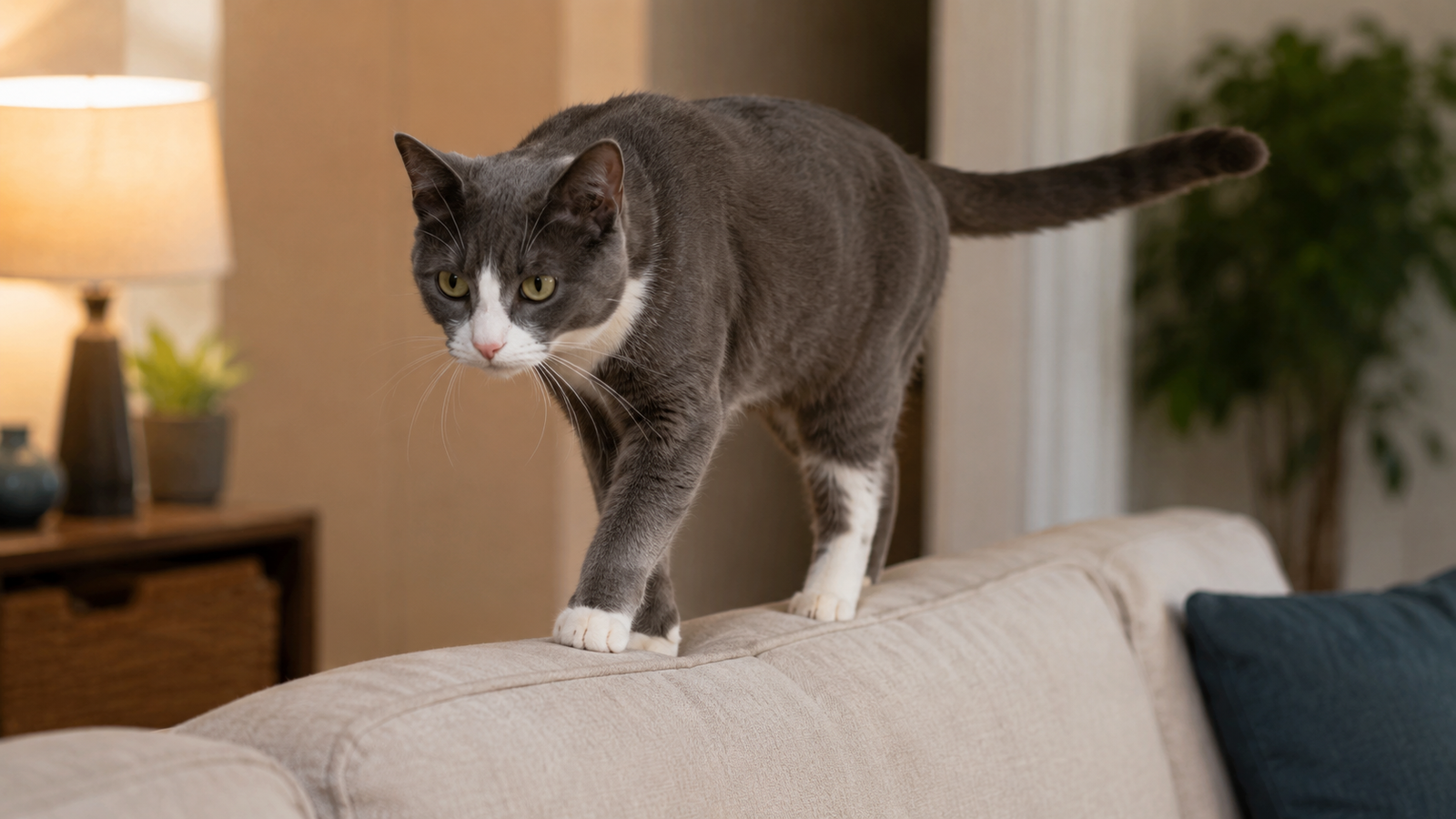 A grey and white cat walking along the back of a couch with its tail extended for balance in a cozy living room.
