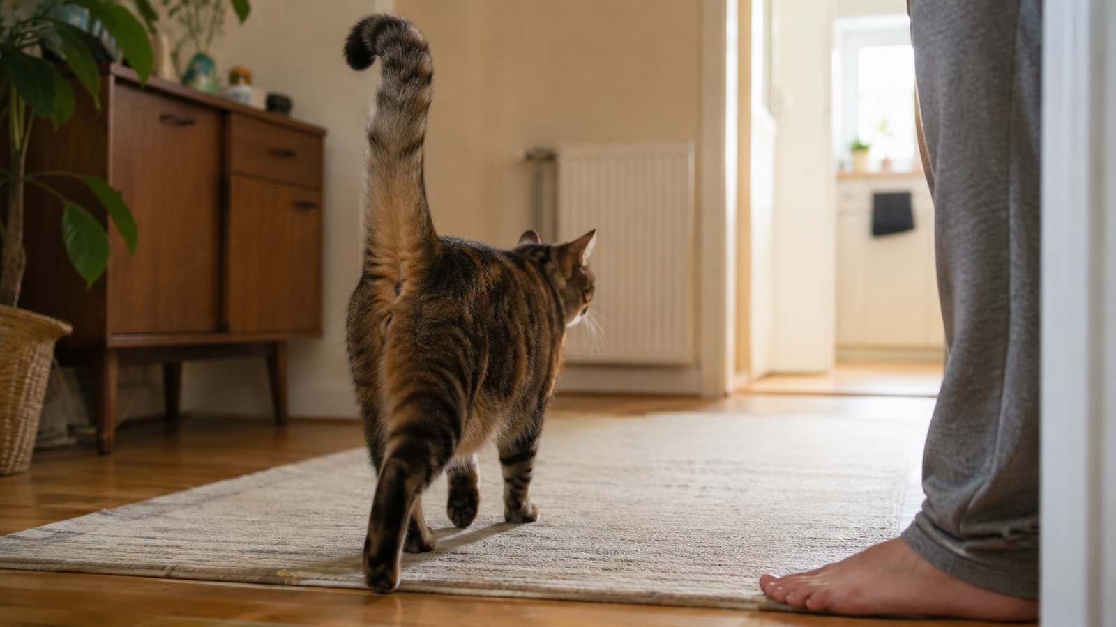 Adult tabby cat walking indoors with its tail held upright and slightly curled at the tip, approaching a person standing nearby.