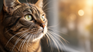 Close-up tabby cat with long white whiskers in warm window light.