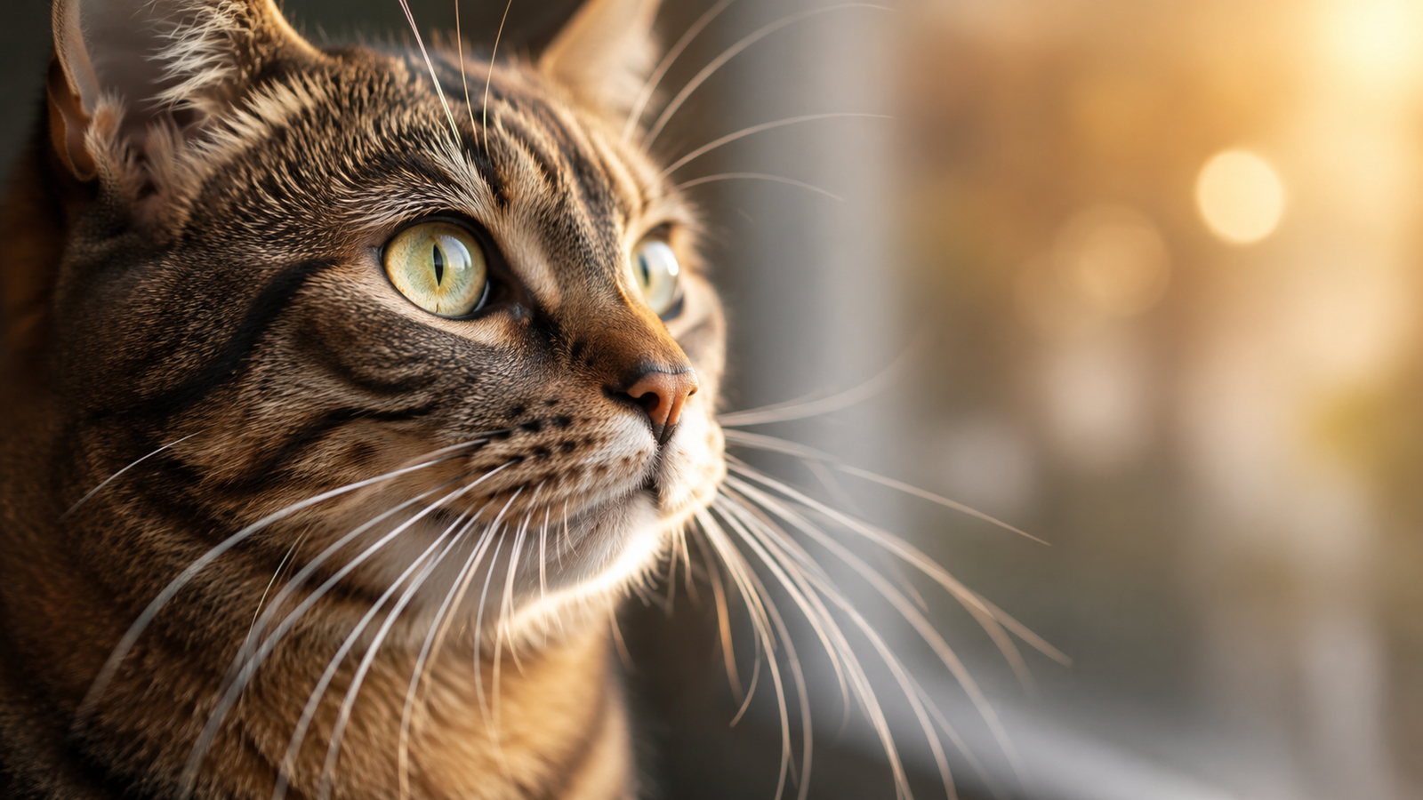 Close-up tabby cat with long white whiskers in warm window light.