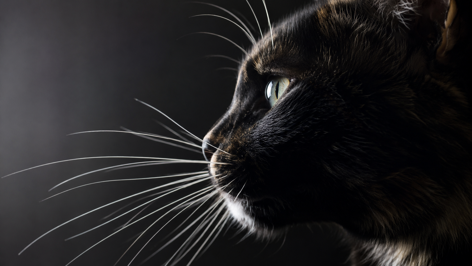 Side-profile close-up of a dark cat with long white muzzle whiskers fanning outward, shorter eyebrow whiskers above the eye, and chin whiskers visible below the mouth, dramatically lit against a dark background.