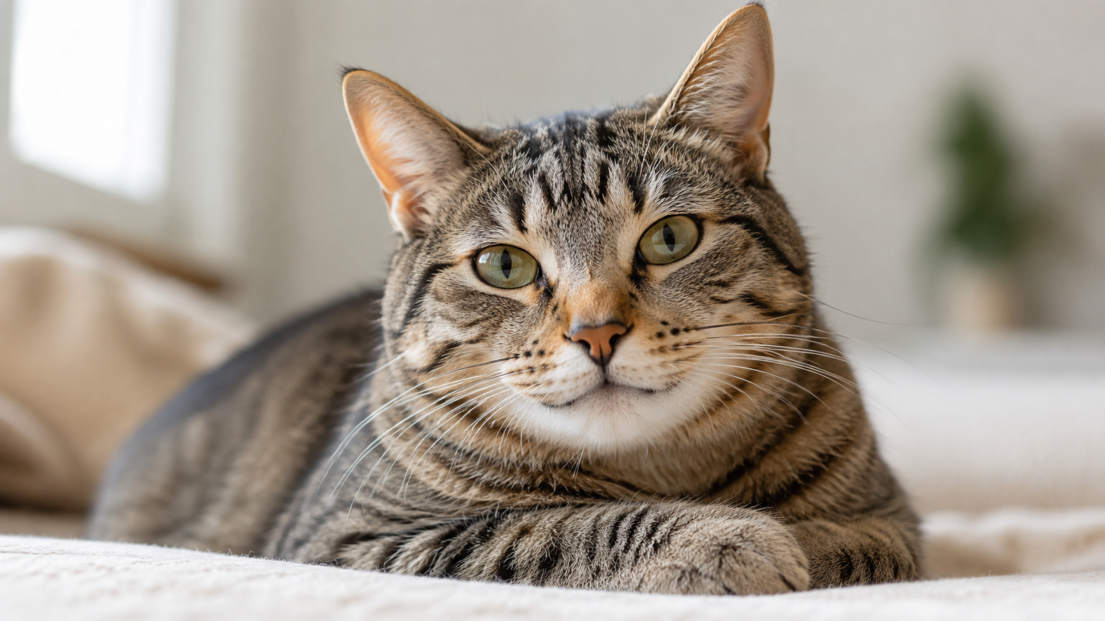 Relaxed tabby cat lying on a soft blanket with a naturally upturned mouth that looks like a smile