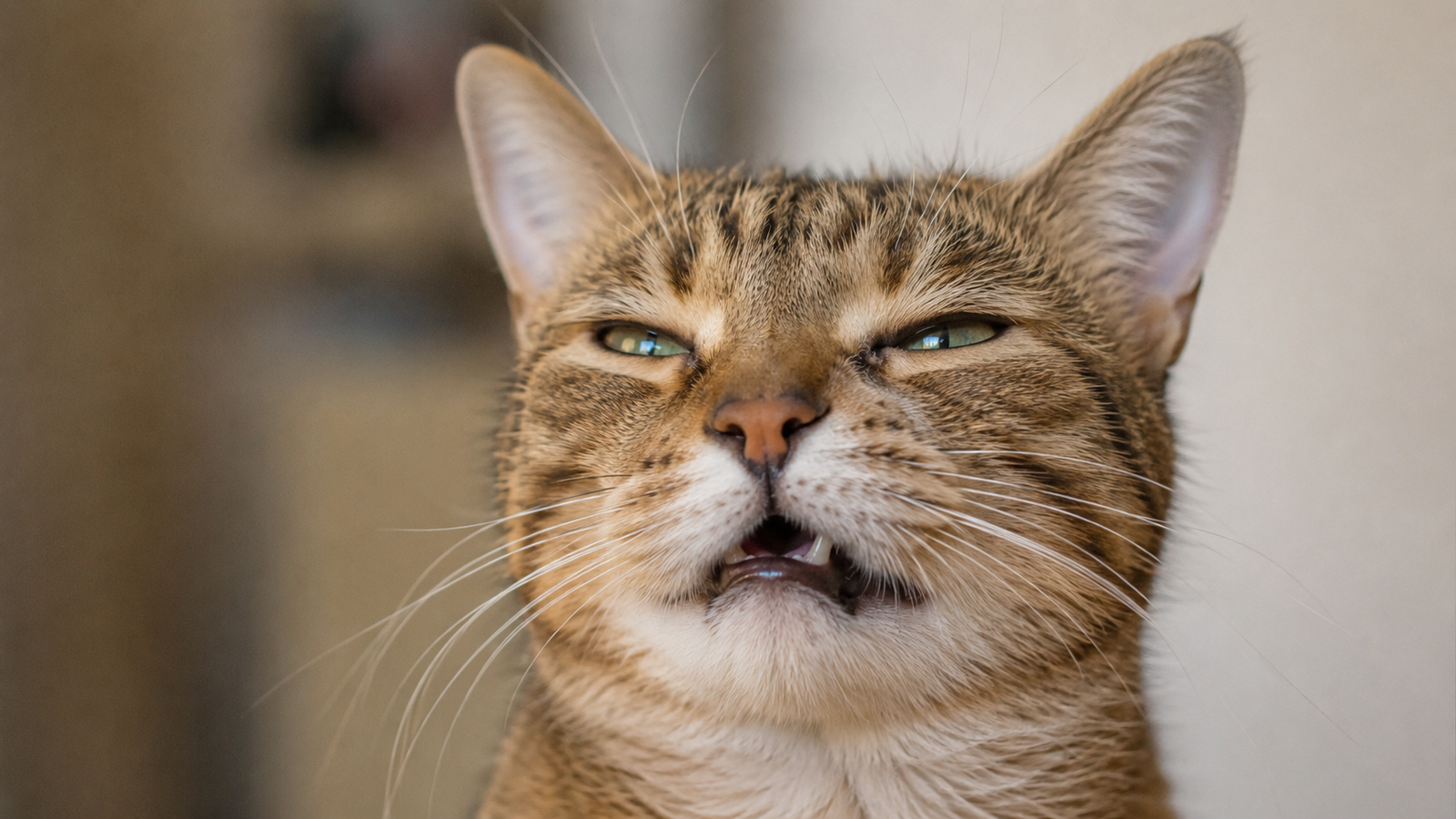 Tabby cat making the Flehmen response with its mouth slightly open while processing a scent