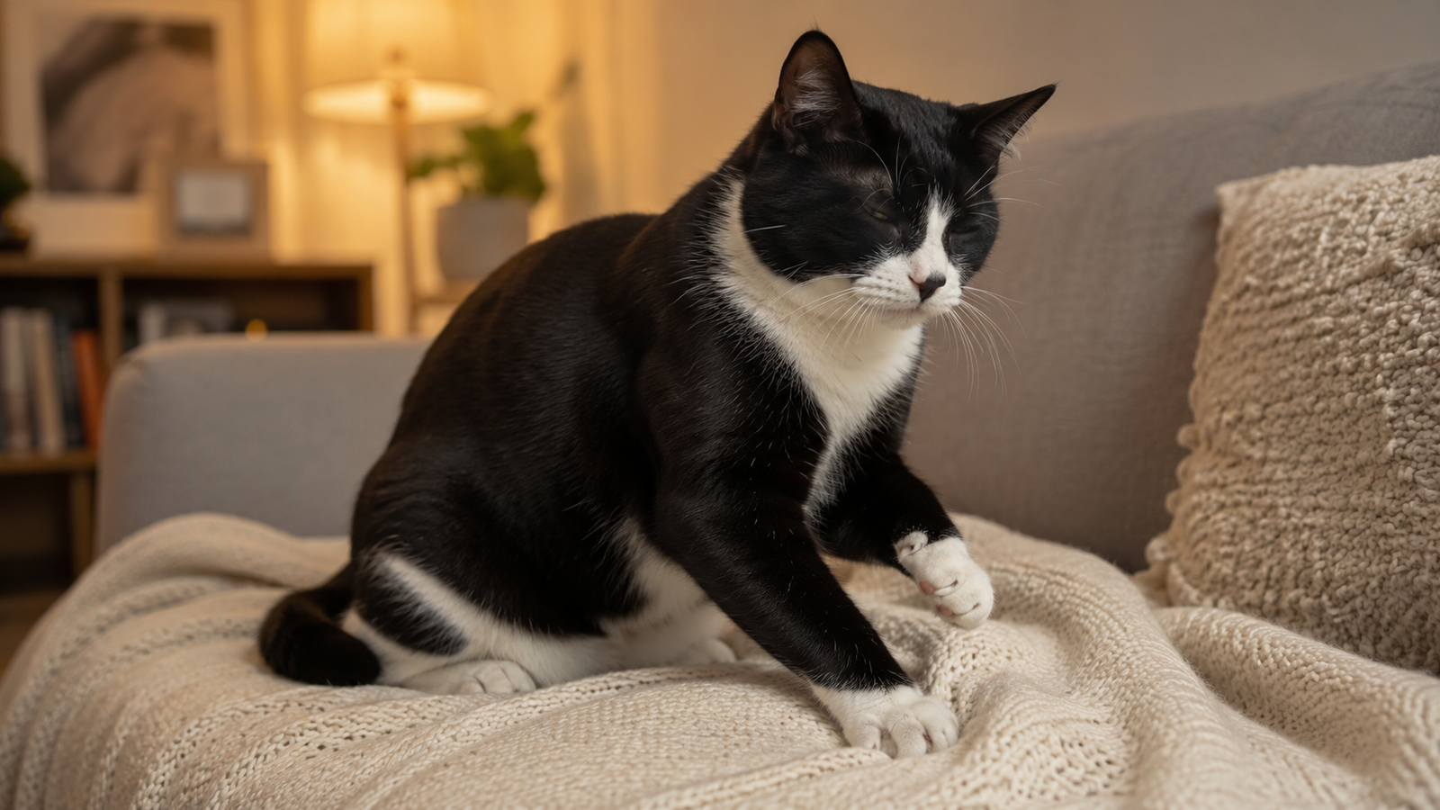 Black and white tuxedo cat kneading a cream knit blanket on a couch