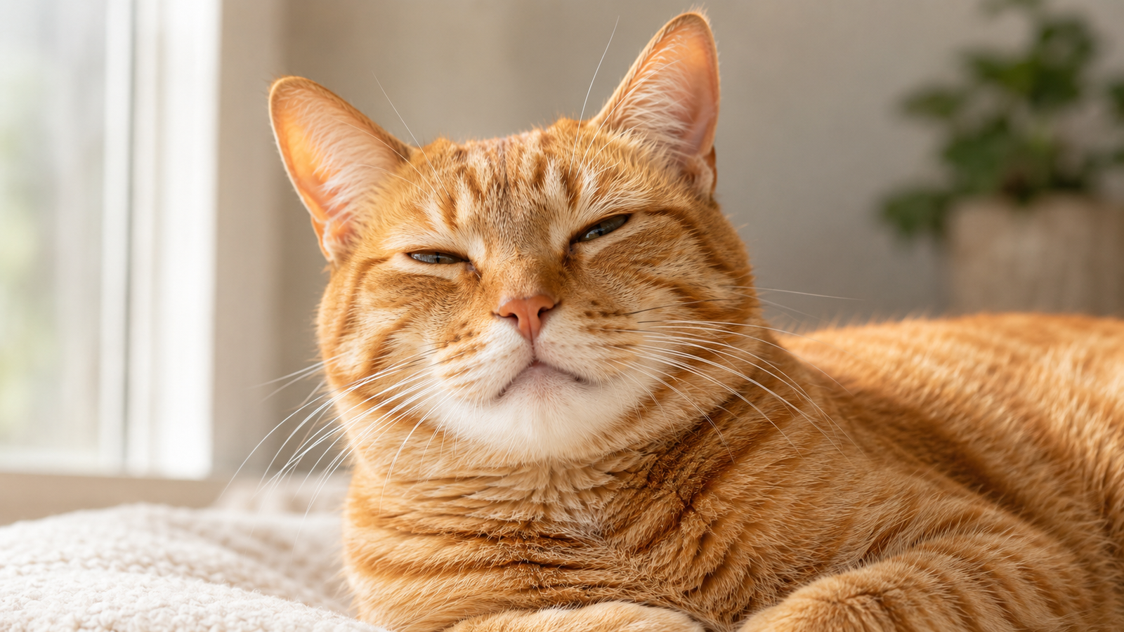 Orange tabby cat giving a relaxed slow blink in warm natural light