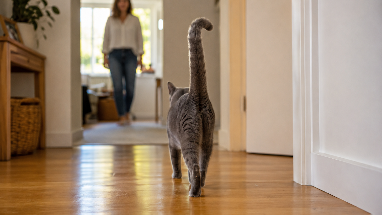 Grey cat walking toward a person with its tail held upright in a friendly greeting posture