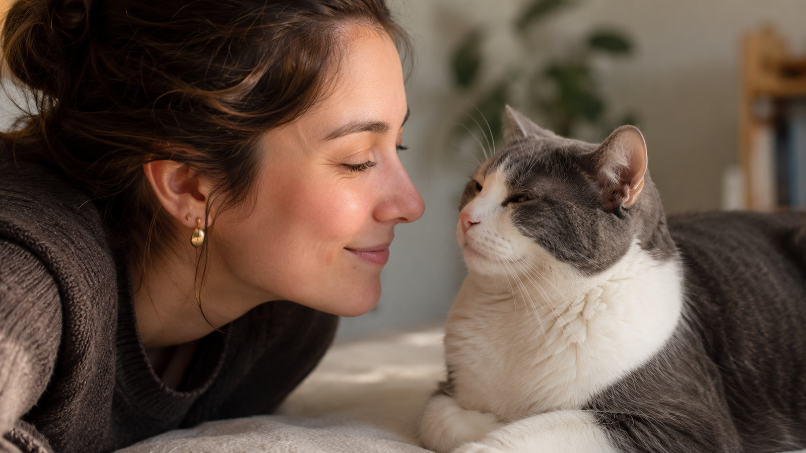 Woman and grey-and-white cat exchanging a relaxed slow blink at close range