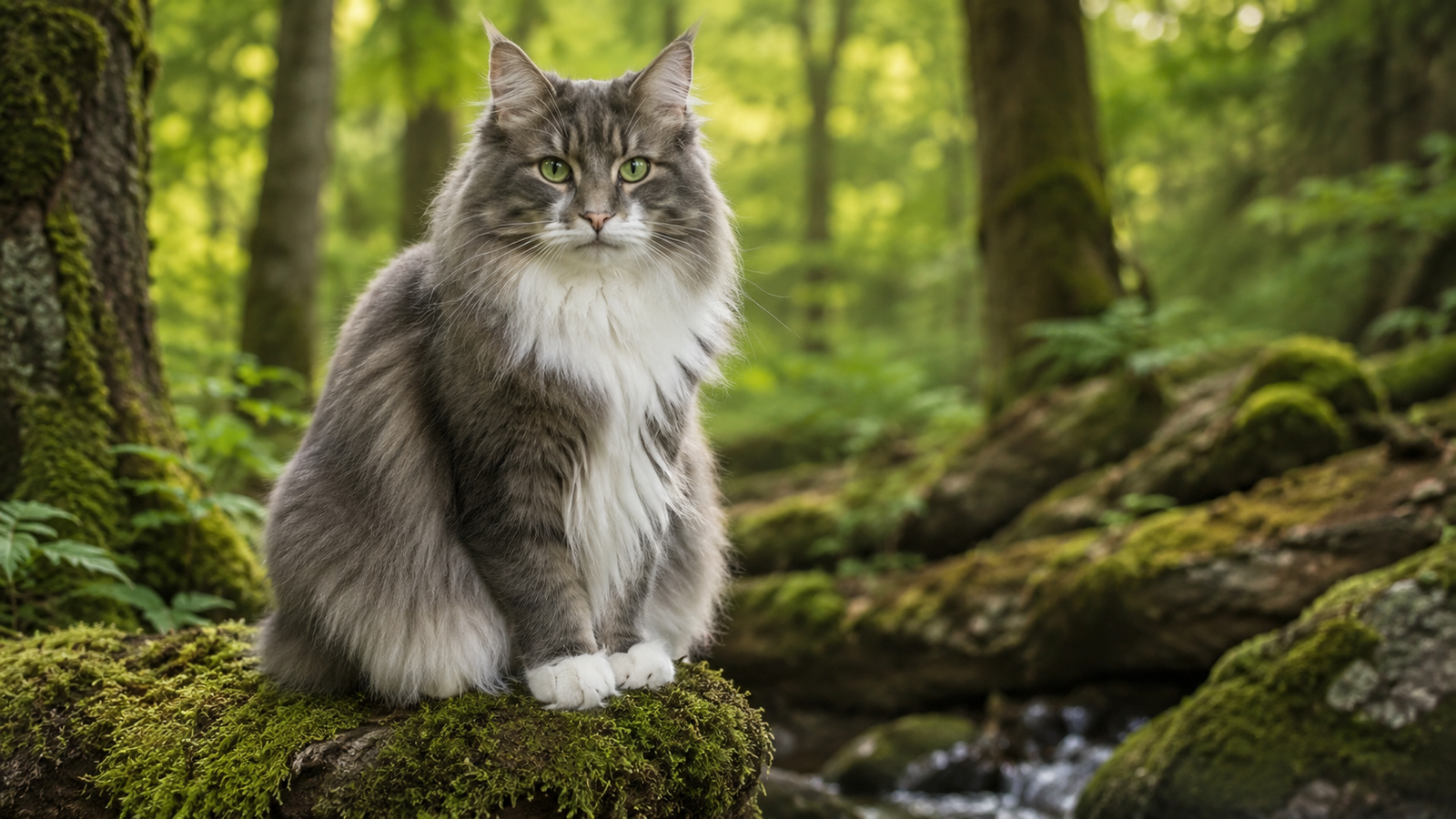 Norwegian Forest Cat sitting in a forest setting with thick fluffy fur and bushy tail