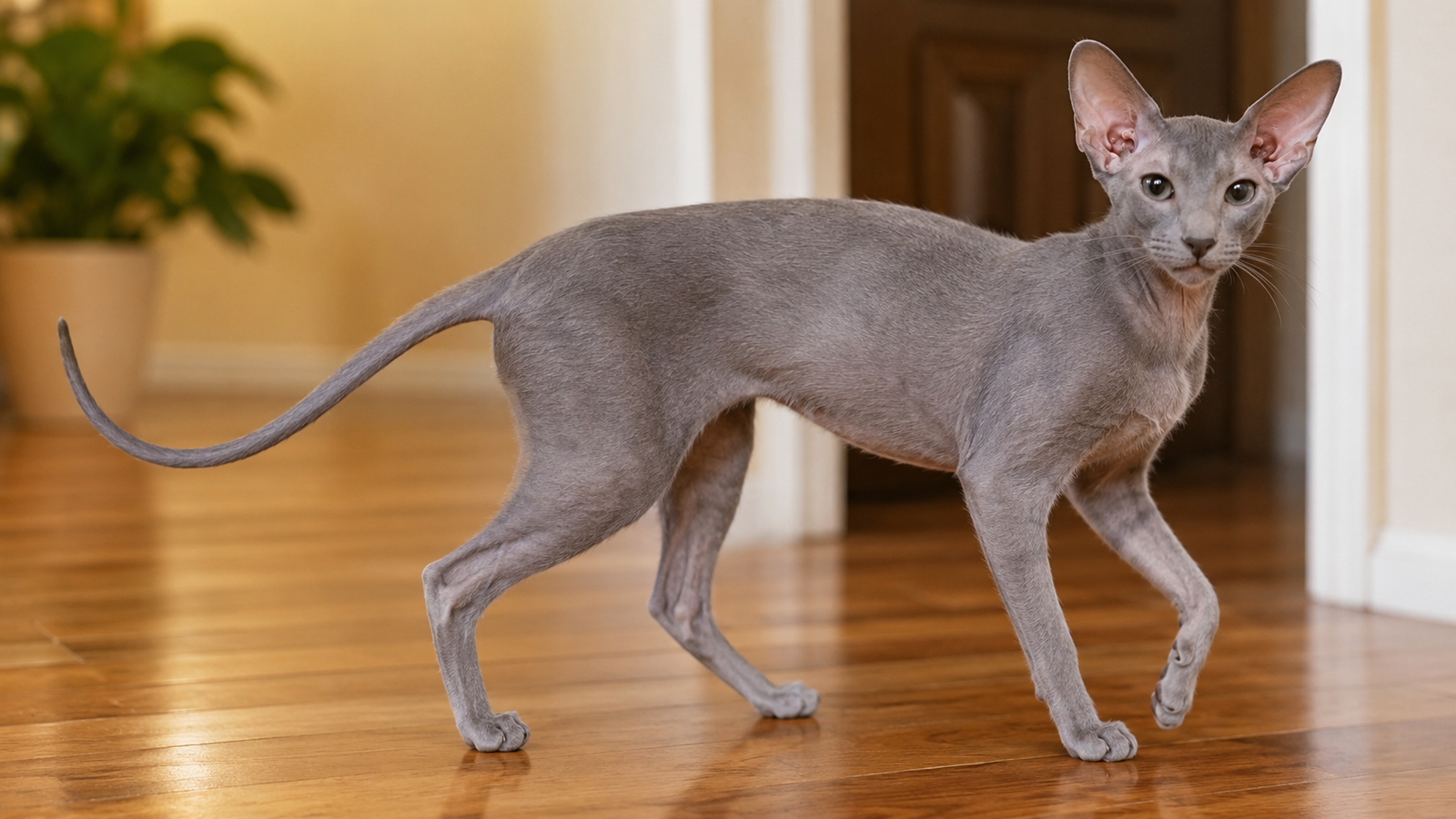 Blue-gray Peterbald cat standing in mid-step on a wooden floor, showing the long slim legs, tubular body, and whippy tail characteristic of the breed.