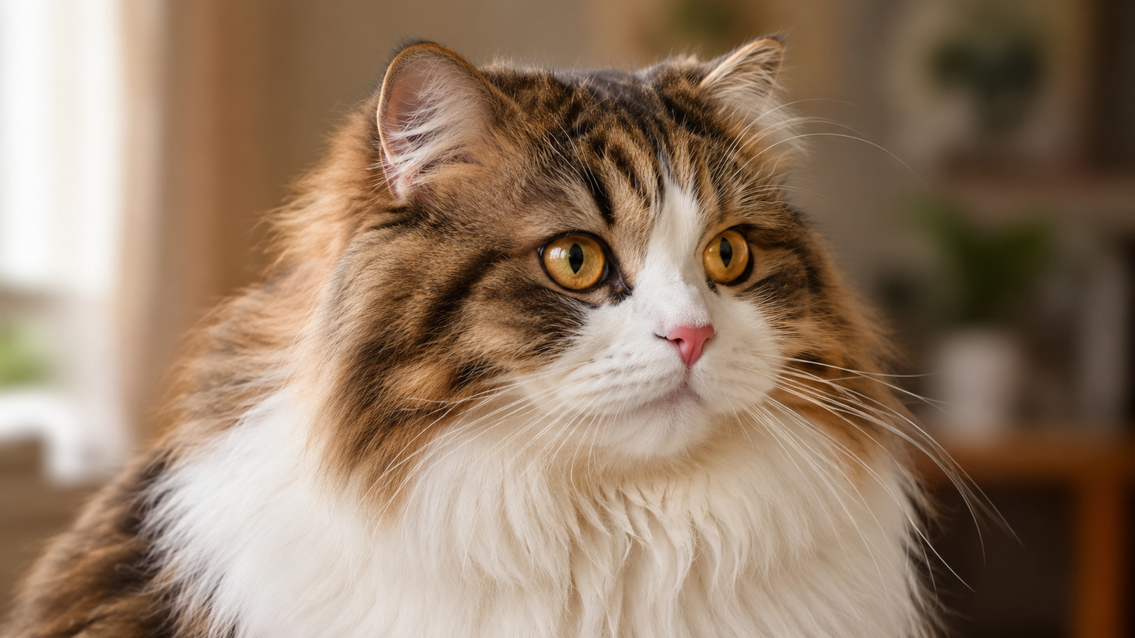 Brown tabby and white Ragamuffin cat with copper-gold eyes sitting indoors