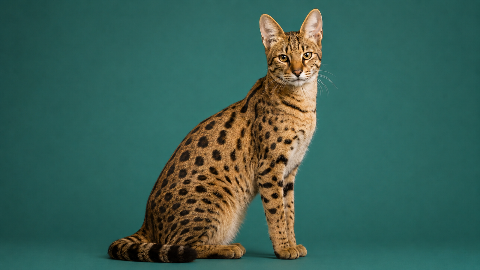 Adult brown spotted Savannah cat sitting sideways on a teal studio background with head turned toward the camera, showing the breed's long legs, small triangular head, large upright ears, and bold spotted tabby coat.