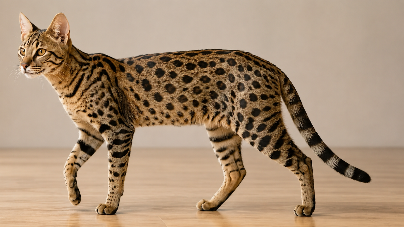 Adult brown spotted Savannah cat walking across a hardwood floor against a warm neutral wall, showing the breed's long legs, lean build, and bold spotted tabby coat in a home setting.