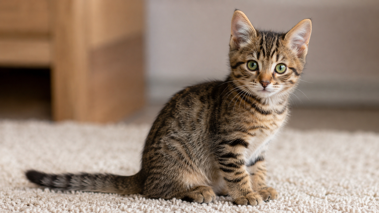 Young brown tabby kitten sitting on carpet, an example of a cat in the early growth stage before reaching adult size.