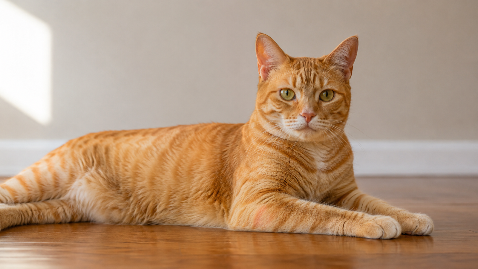 Adult orange tabby cat, an example of a fully grown cat lying in a relaxed sphinx pose