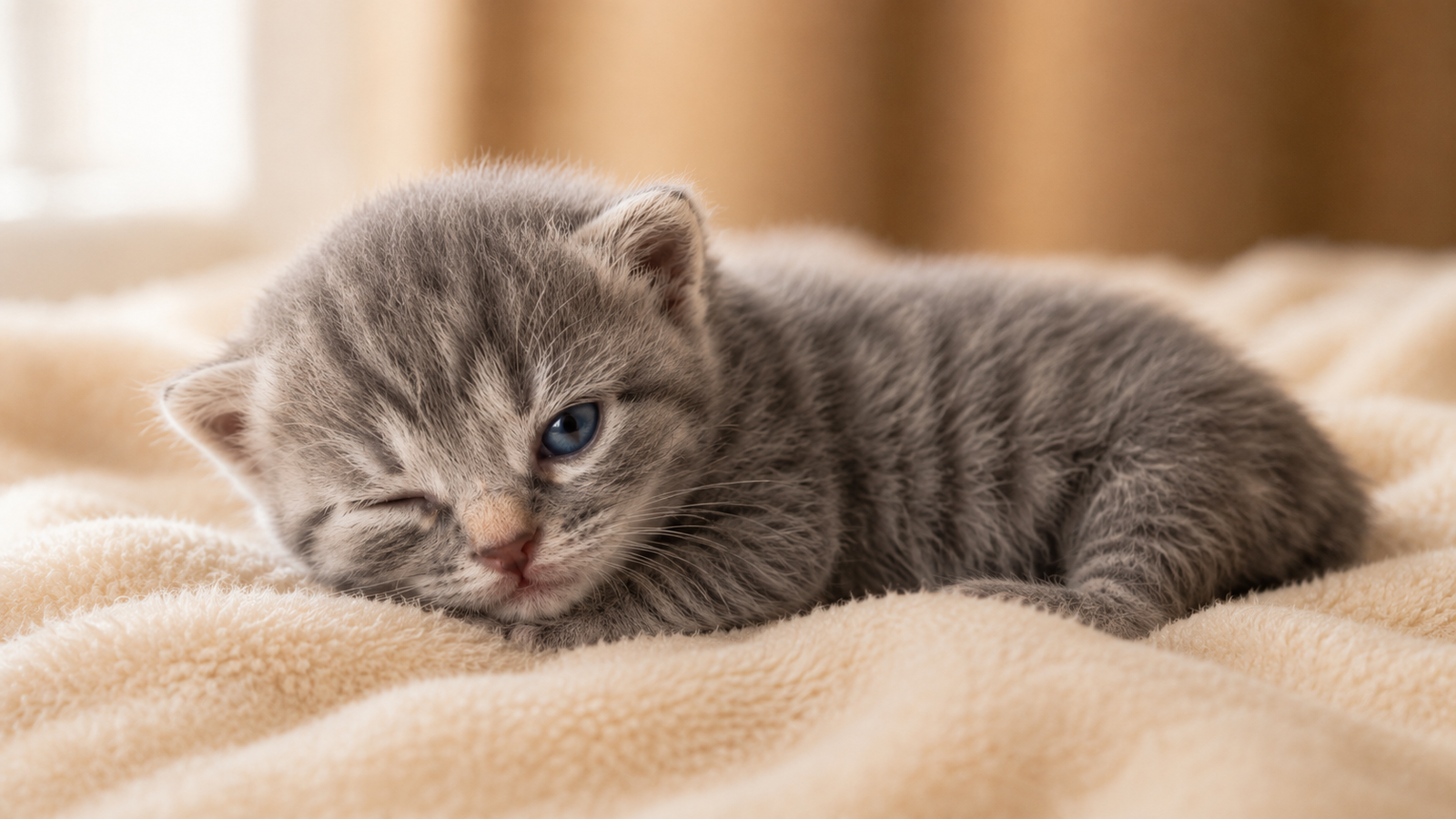 Newborn kitten around 10 days old with one blue eye open and one closed, resting on a cream blanket