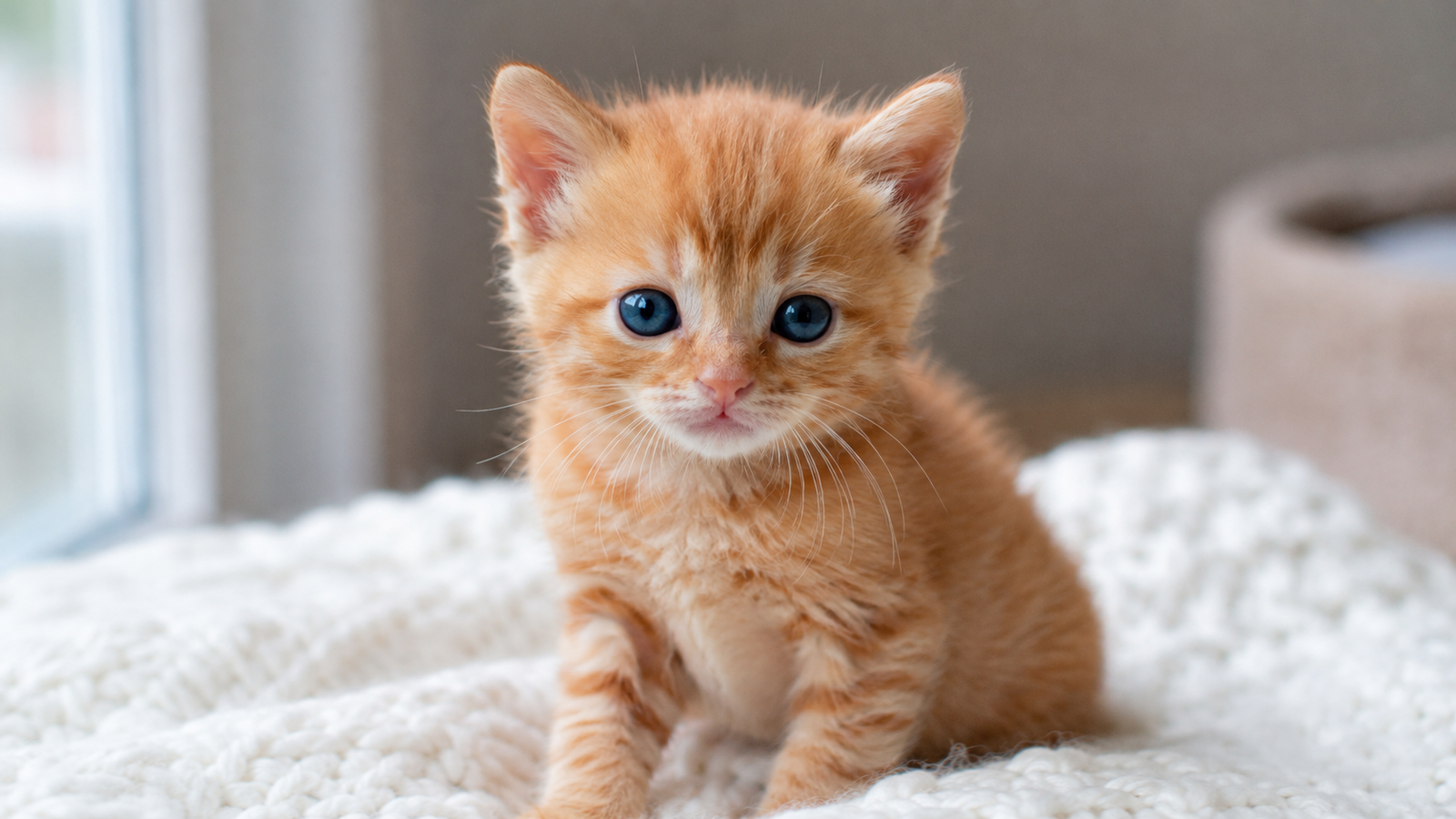 Young orange tabby kitten with both blue eyes fully open, sitting on a white knit blanket