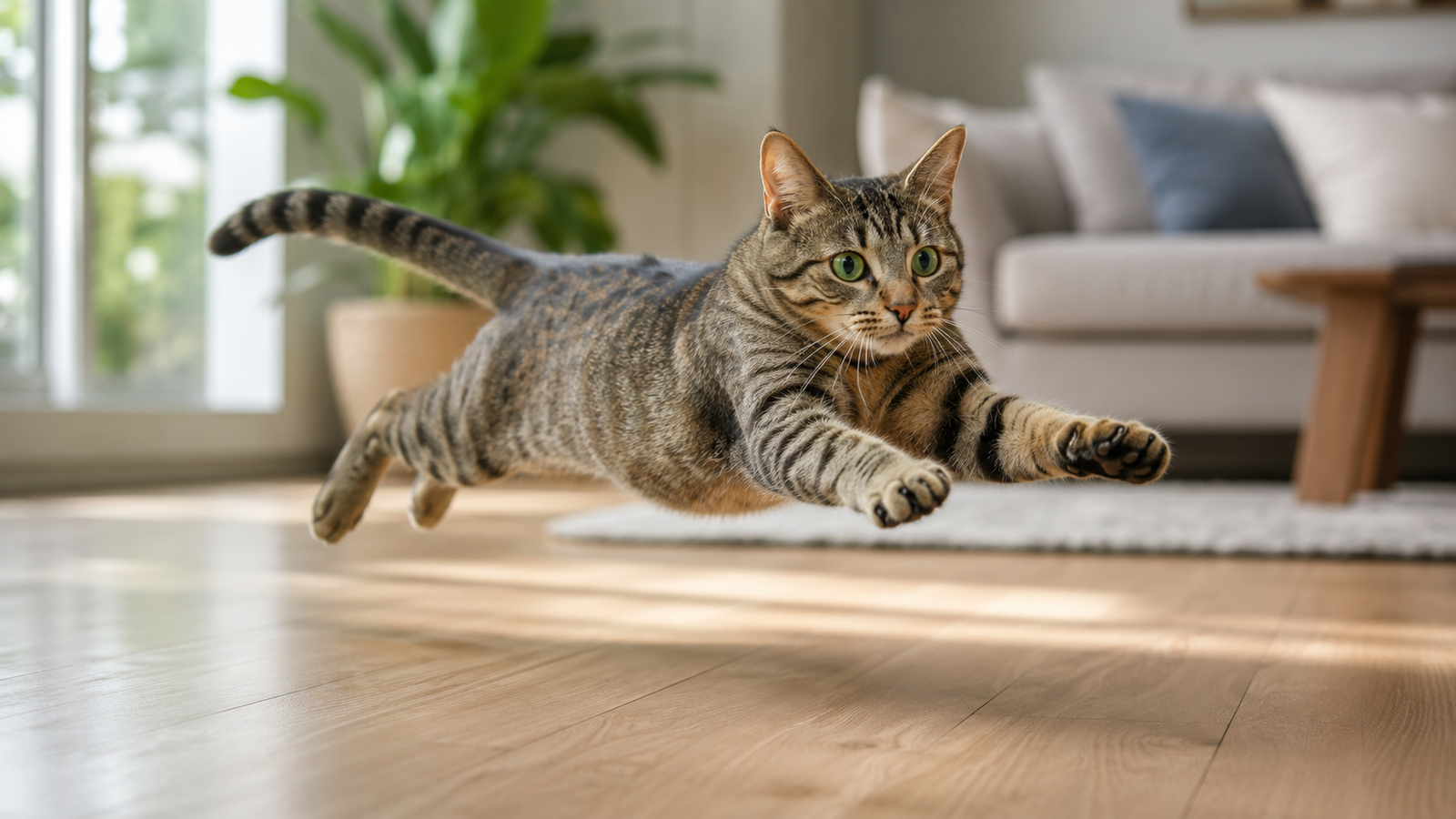 Tabby cat leaping mid-air across a hardwood living room floor, showing the classic burst of energy known as cat zoomies