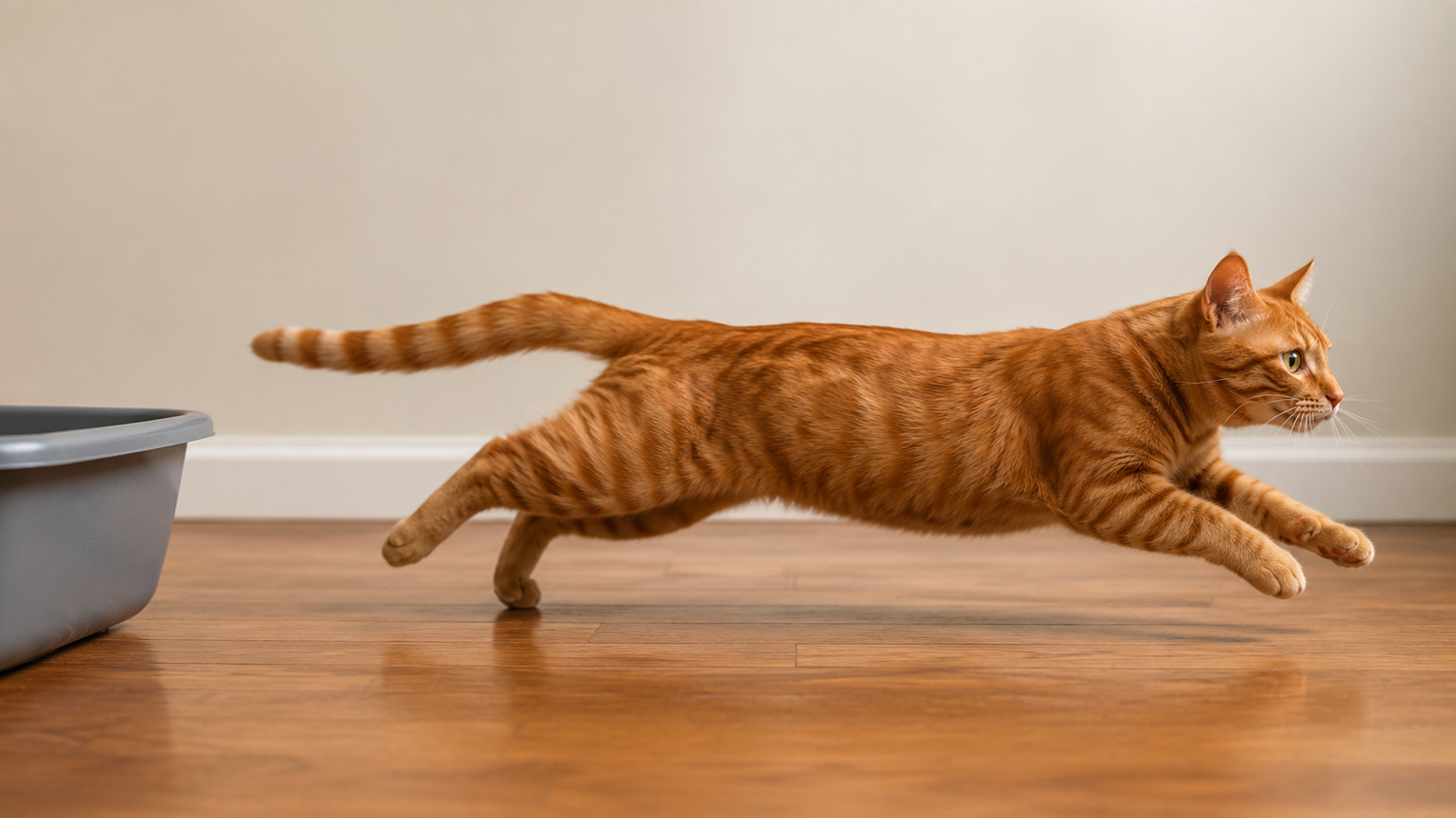 Orange tabby cat sprinting away from a litter box across a hardwood floor, showing classic post-poop zoomies