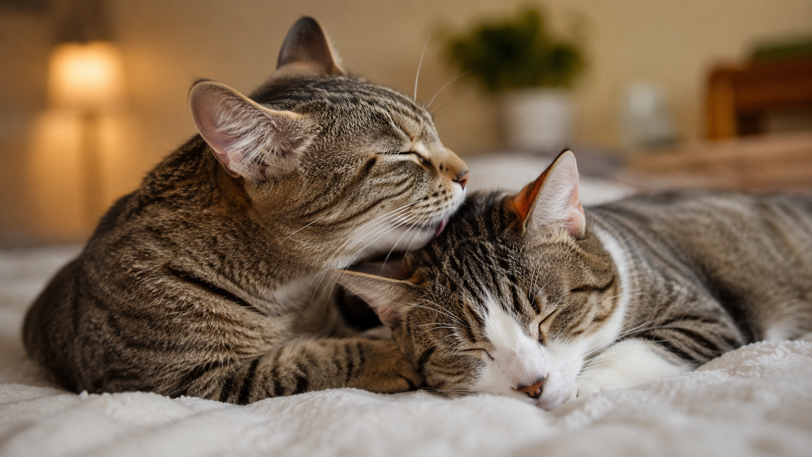 Two tabby cats grooming each other on a white blanket, one licking the other's head while both look relaxed and content