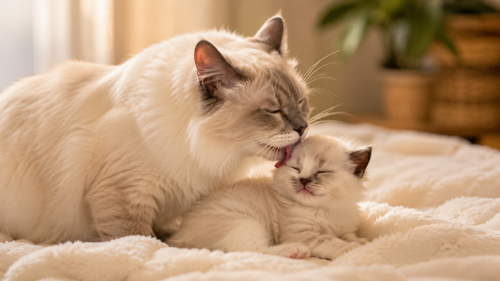 A white longhaired cat grooming her kitten on a cream blanket in warm natural light