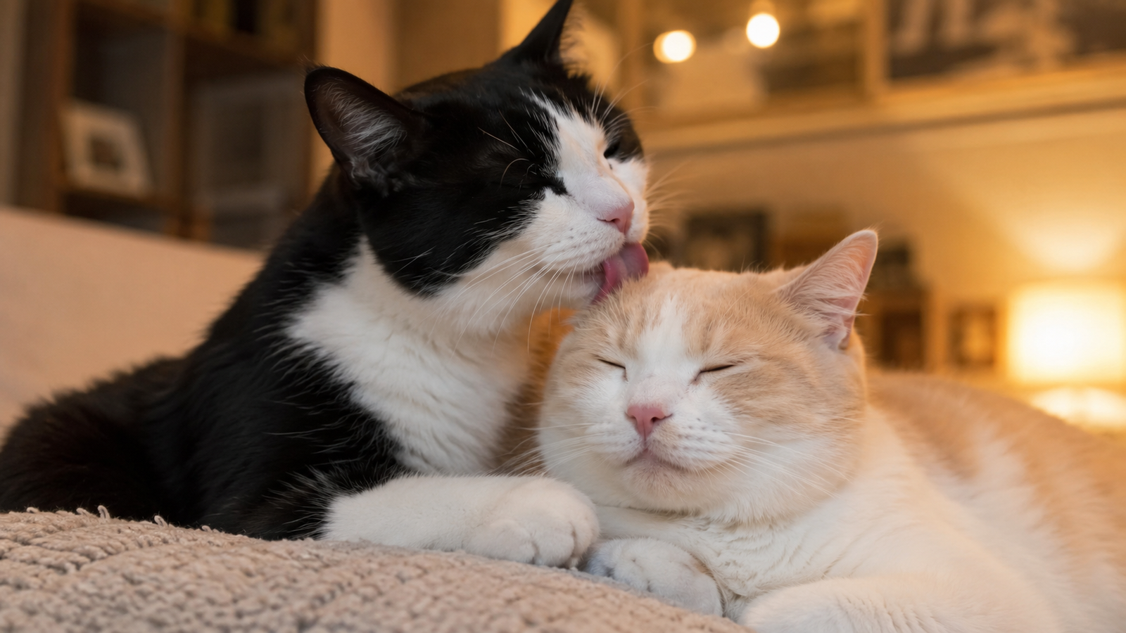 A black and white cat grooming an orange cat's head while the orange cat rests with eyes closed in warm indoor light