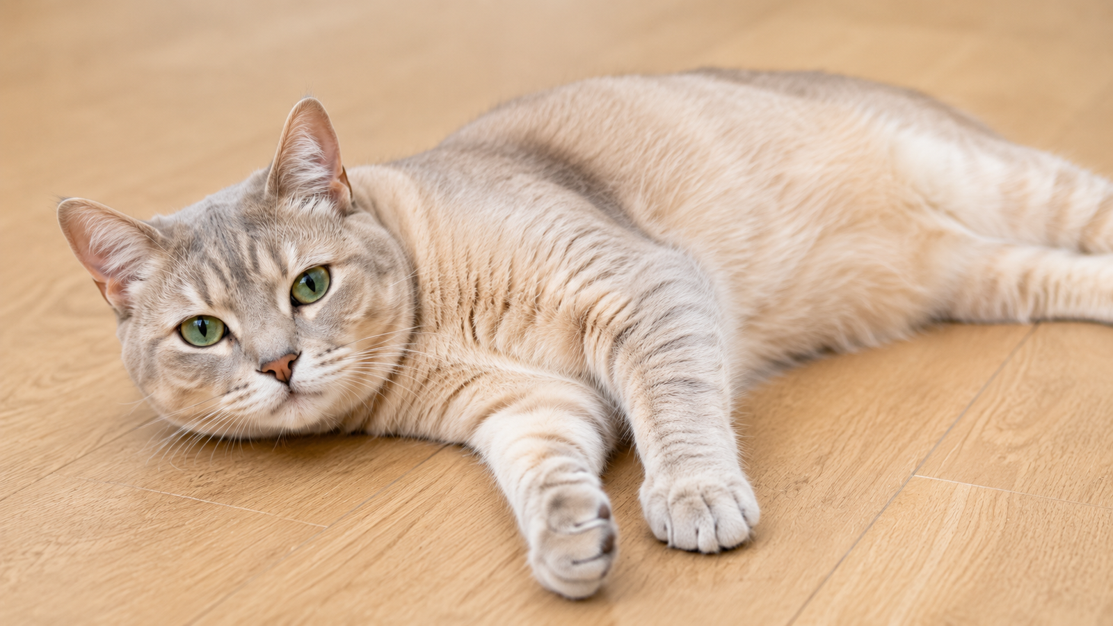 Cream and light gray cat lying relaxed on a hardwood floor.
