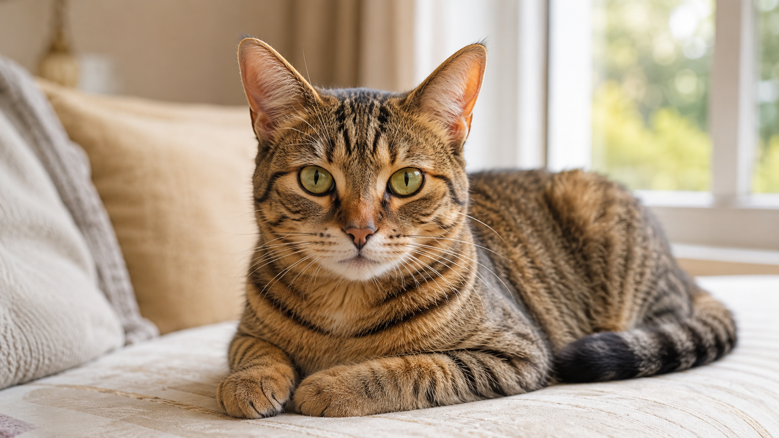 A brown tabby cat resting calmly on a couch
