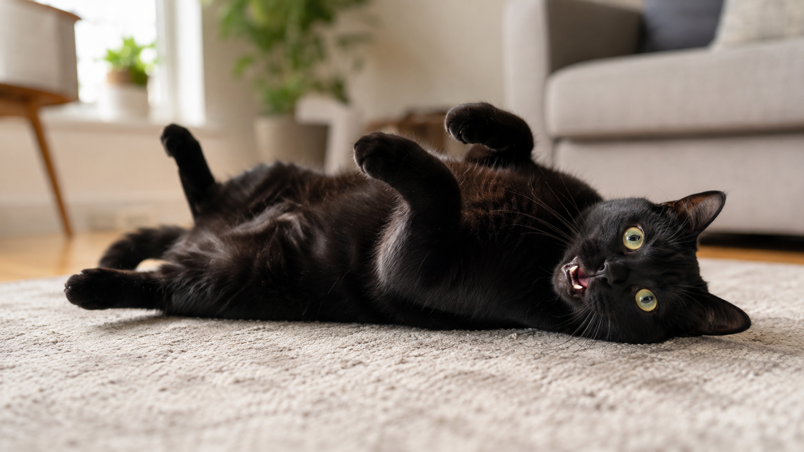 Black cat rolling on her back on a living room rug, a common sign of being in heat.