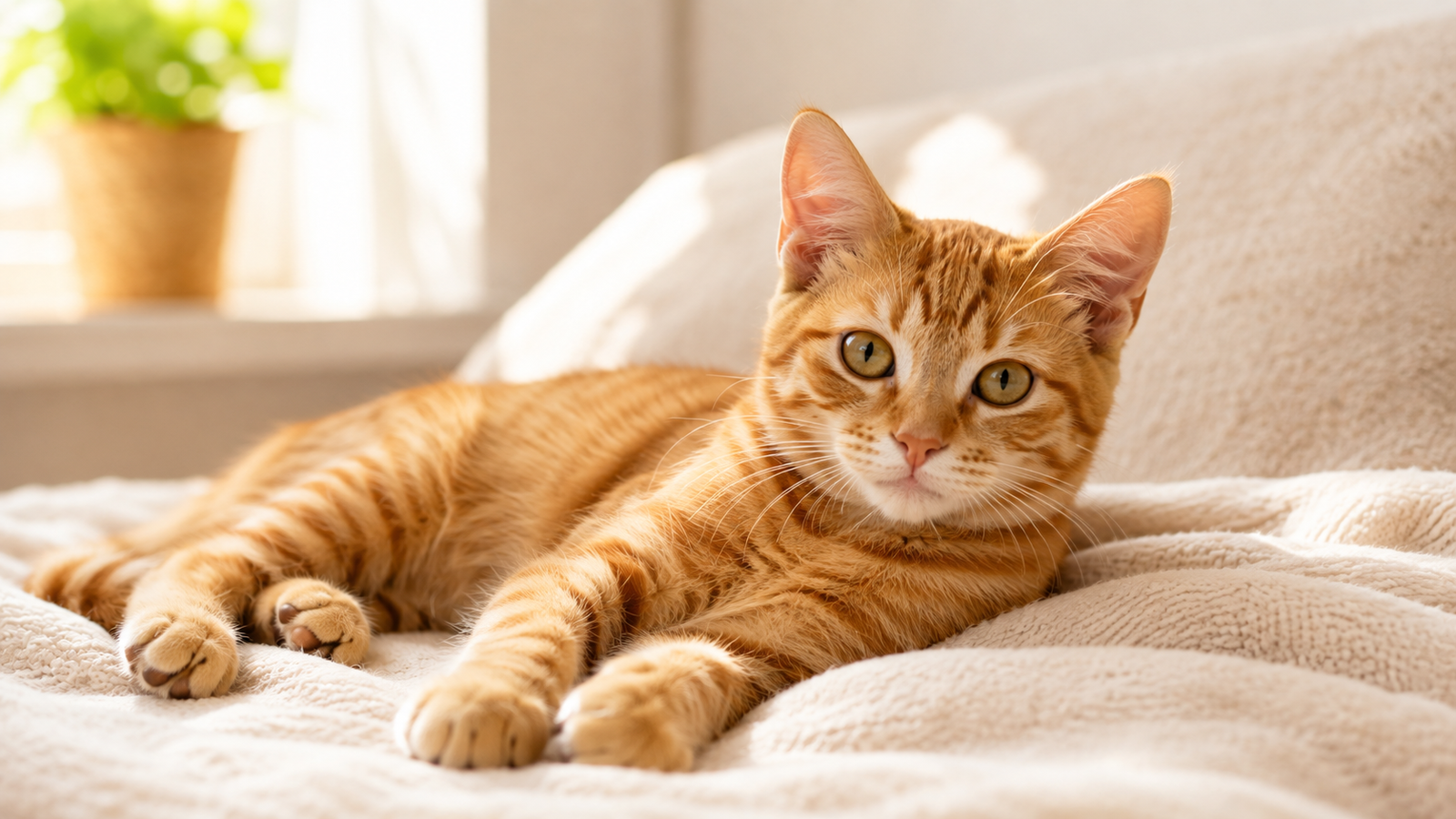 Young orange cat resting on a soft blanket in a sunlit room.