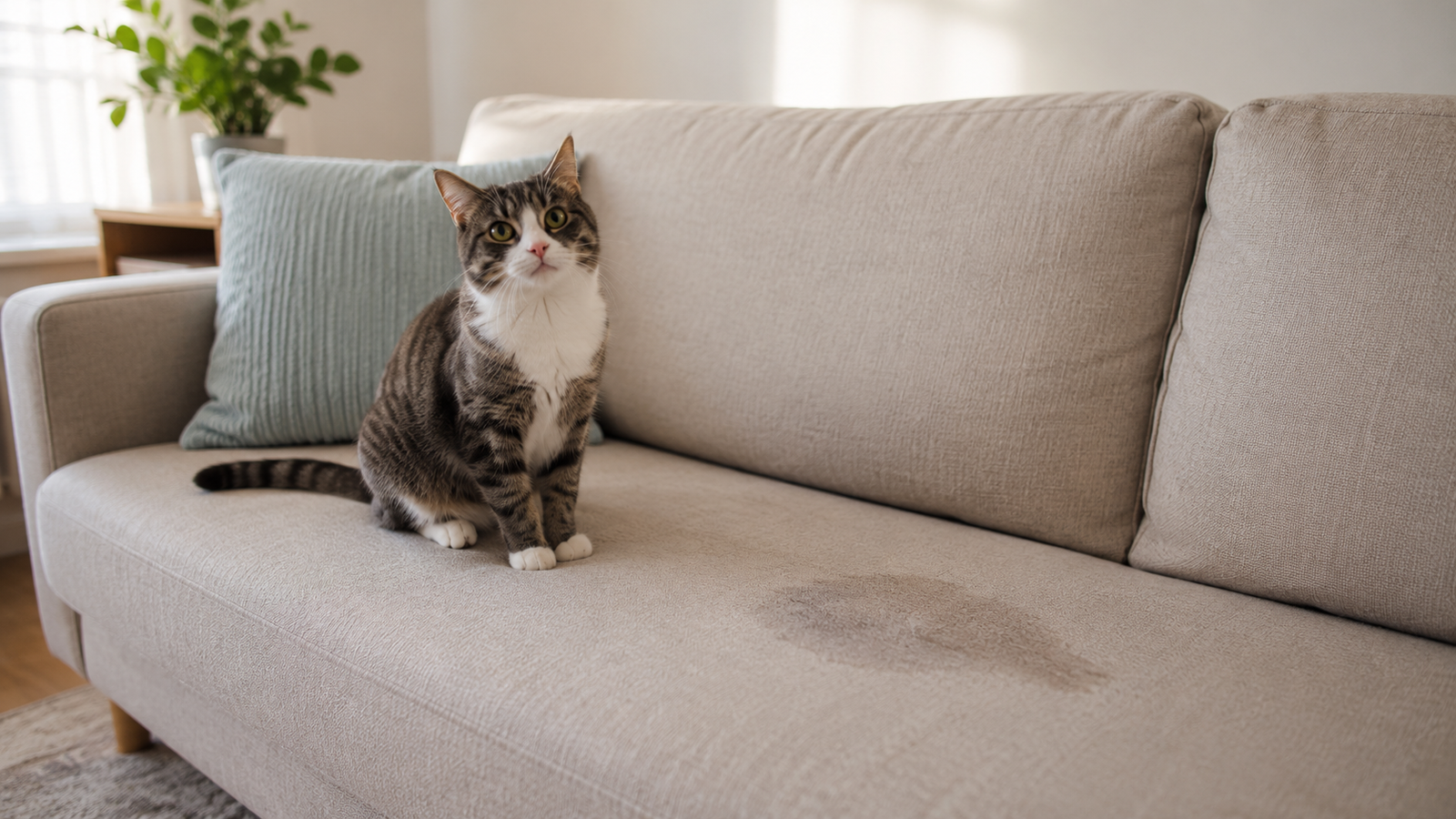 Tabby and white cat sitting on a beige couch next to a wet urine stain in a bright modern living room