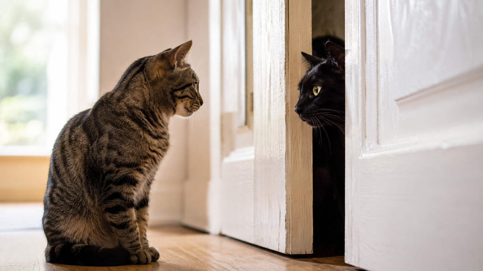 Tabby cat and black cat meeting cautiously through a partially open door during a cat introduction