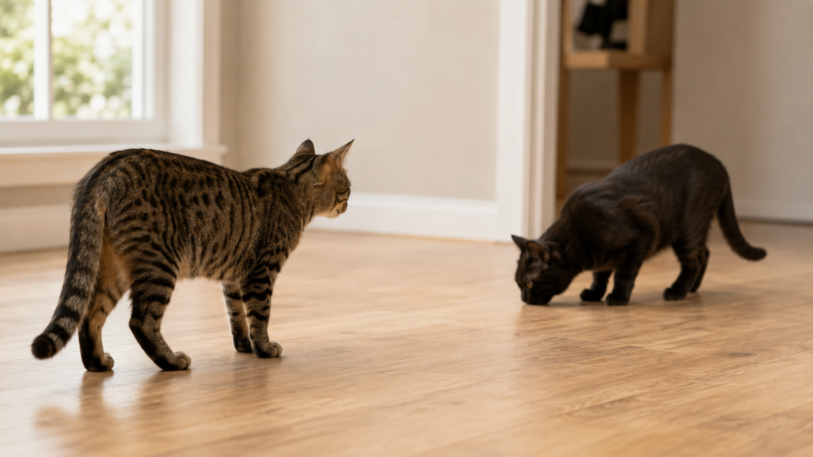 Tabby cat and dark cat calmly meeting on a wood floor during a supervised physical introduction, one cat sniffing the floor and neither showing aggression