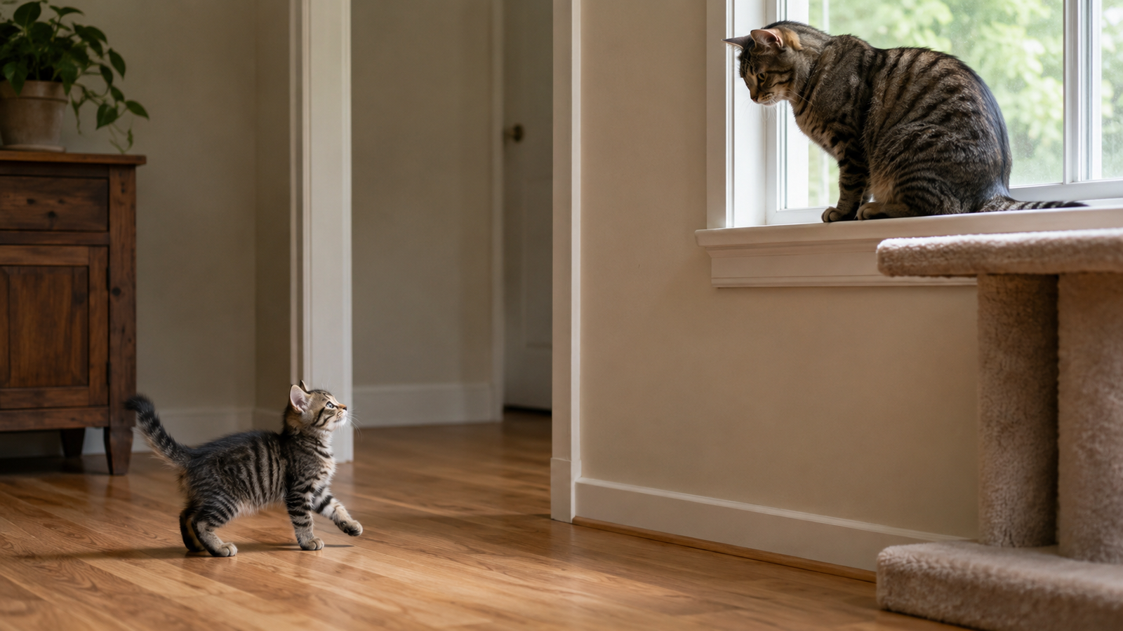 Small kitten looking up at an adult tabby cat resting on an elevated perch, showing how older cats need vertical escape space during a kitten introduction