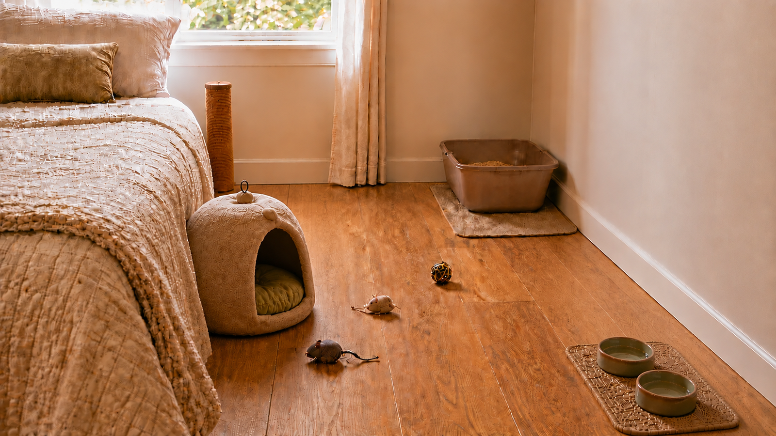 Spare bedroom set up for a new cat with a hooded hiding bed, litter box in a corner, food and water bowls, toys scattered on the floor, and a scratching post