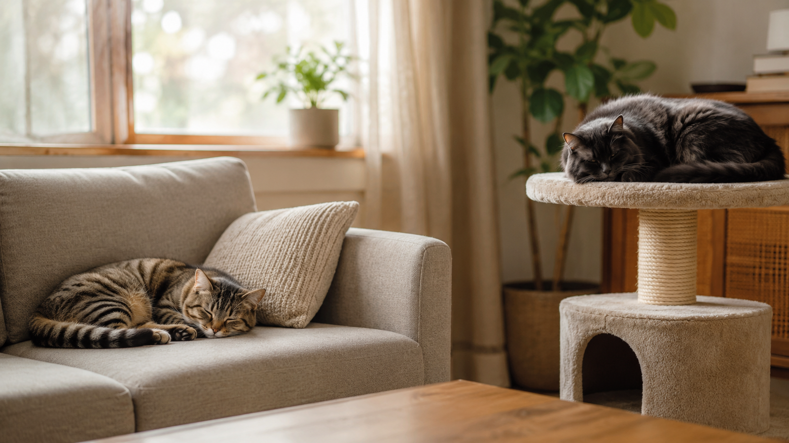 Tabby cat sleeping on a sofa and a dark cat resting on a cat tree in the same room, showing peaceful coexistence after a successful cat introduction