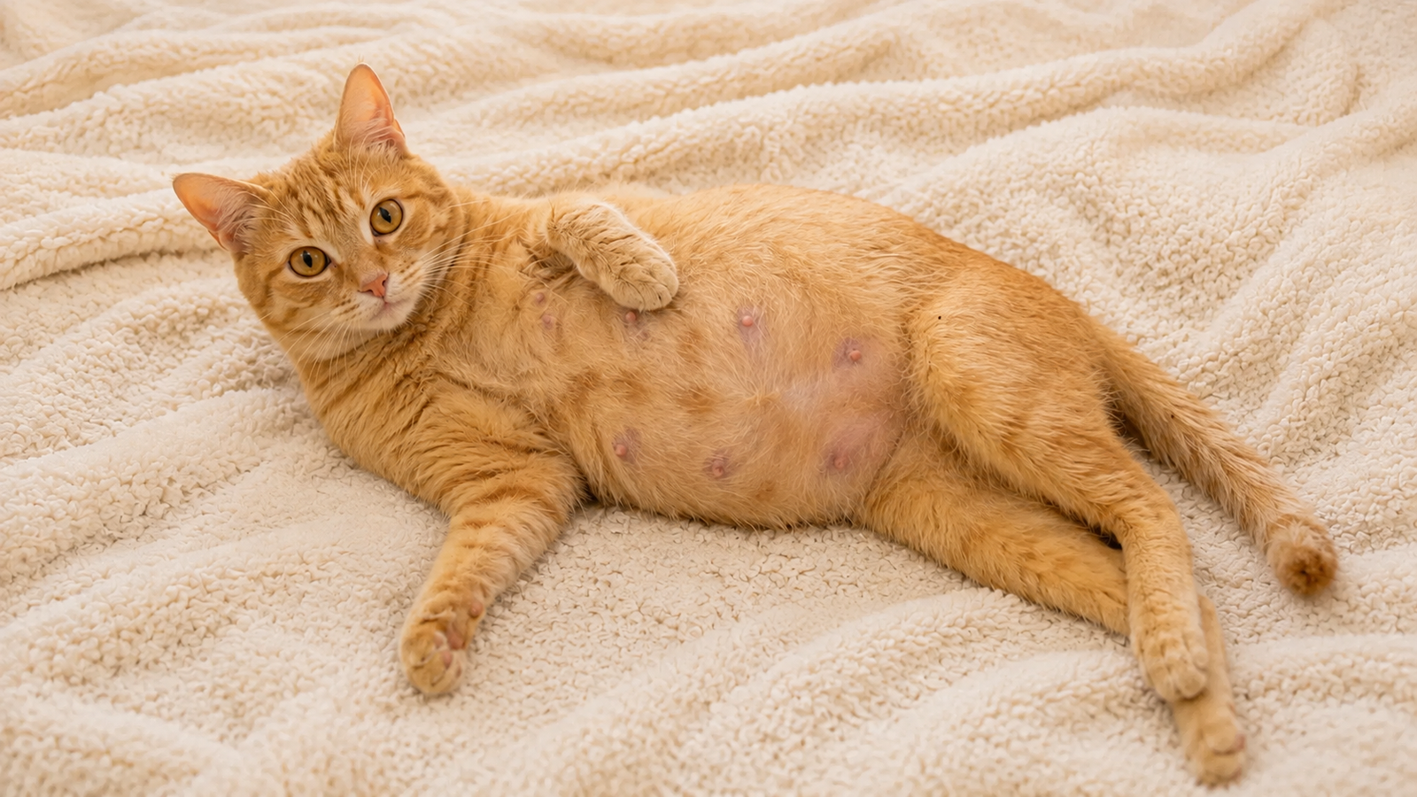 Pregnant orange cat lying on a cream blanket with her rounded belly and nipples visible.