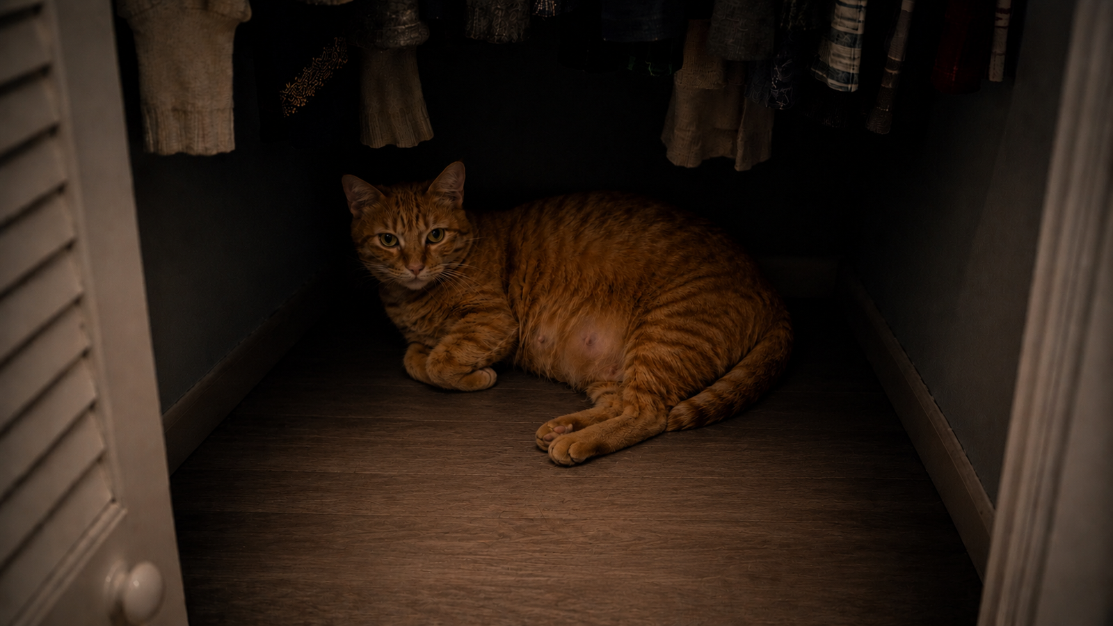 Pregnant orange tabby cat tucked into a dark corner of a closet beneath hanging clothes.