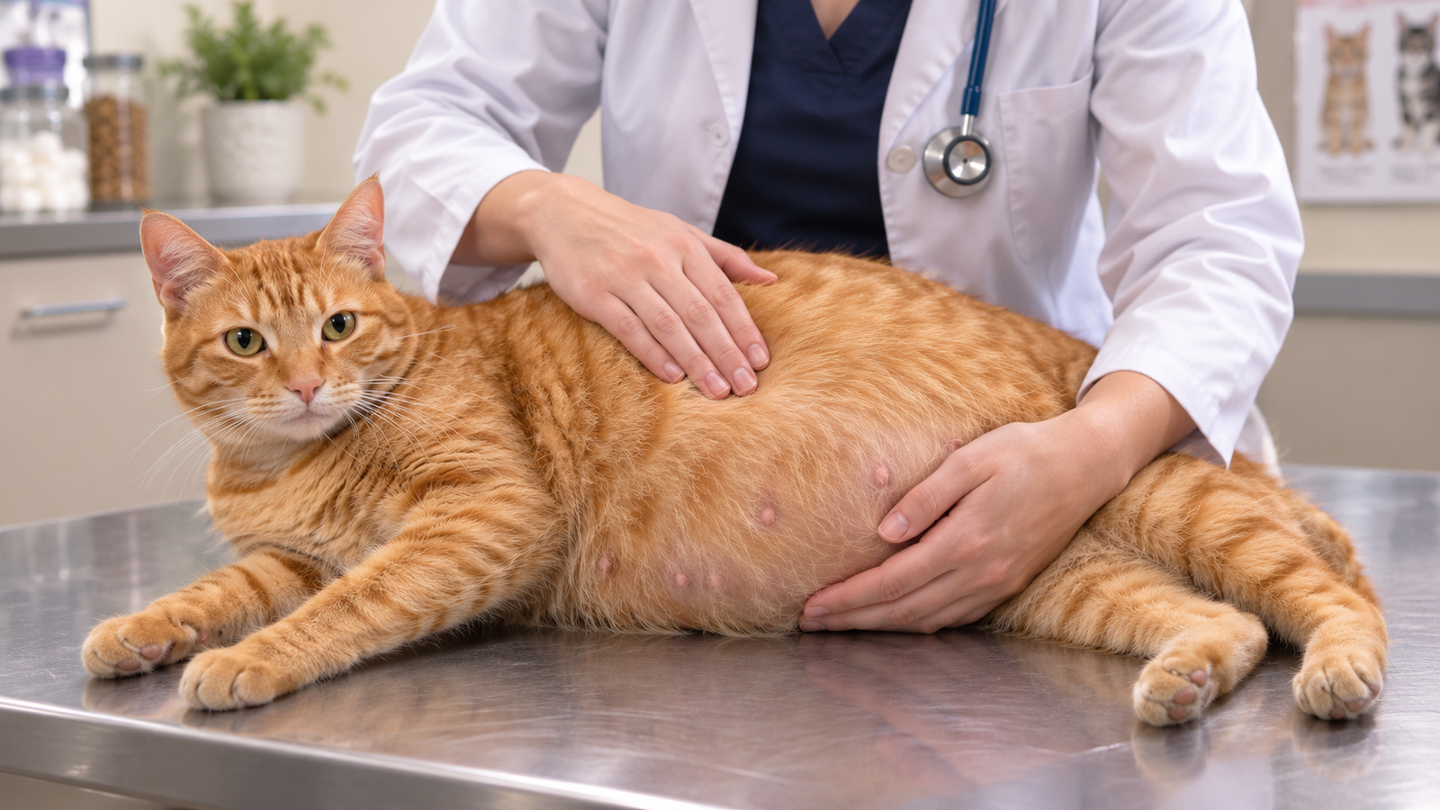 Veterinarian examining a pregnant orange cat on an exam table