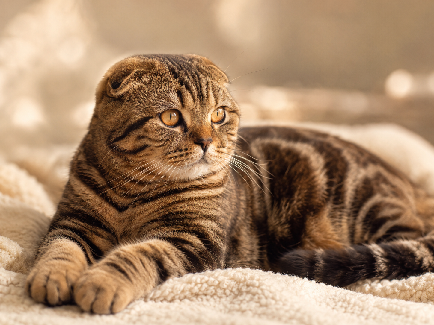 Brown classic tabby Scottish Fold cat with folded ears and copper eyes lying relaxed on a cream blanket in warm natural light.